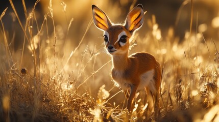 Fototapeta premium A tiny dik-dik antelope cautiously stepping through the golden grasslands, its large eyes full of curiosity