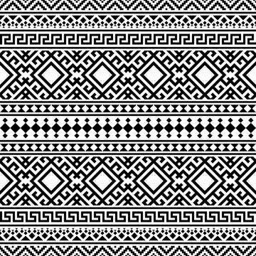 A striking seamless pattern featuring bold, repeating geometric shapes in black and white. Inspired by ancient tribal motifs, ideal for textiles, home decor, and digital designs.