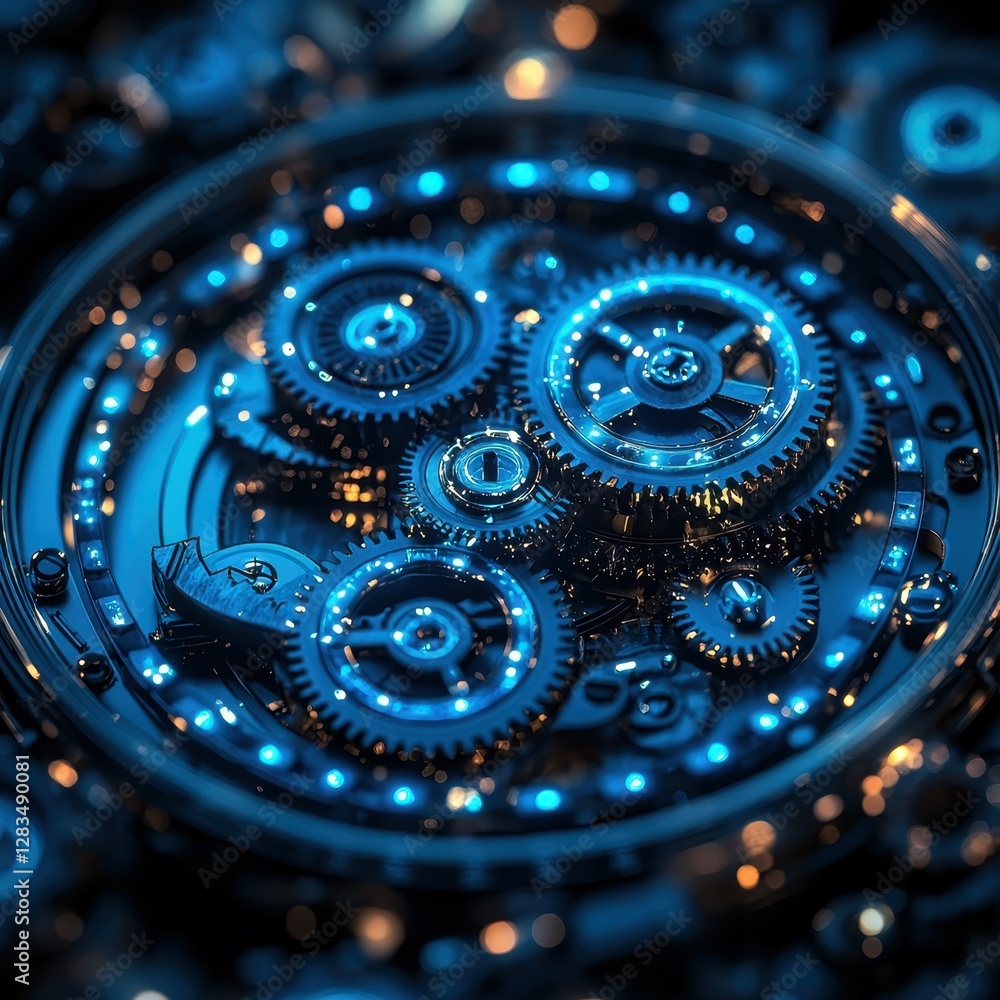 Poster complex interlocking gear system mechanism with intricate details and metallic textures and glowing 
