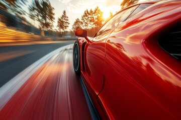 Obraz premium High-speed red sports car racing on a winding track during golden hour sunset