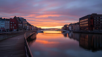 Naklejka premium Sunset Over European City River With Reflecting Skyline and Vibrant Colors