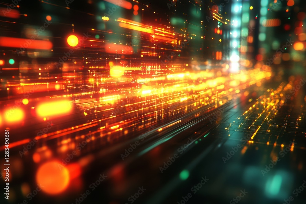 Poster colorful digital light trails create an abstract illusion of speed and motion within a futuristic en