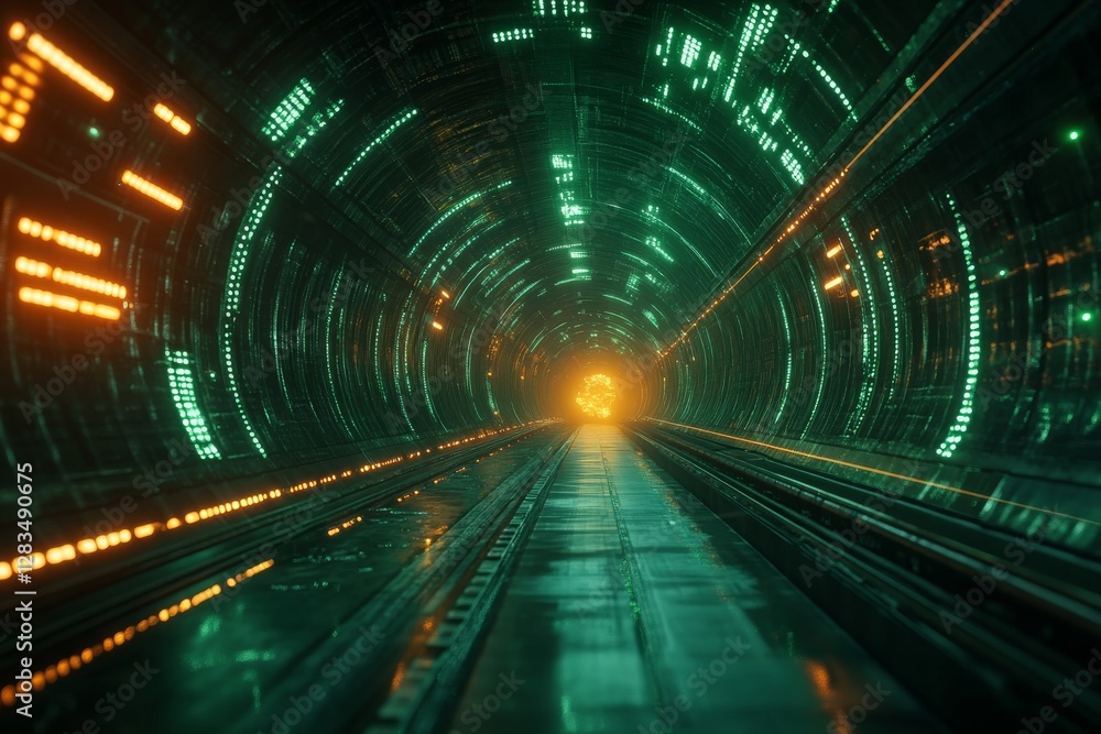 Poster futuristic tunnel with glowing lights and vibrant colors creating a sense of depth and motion