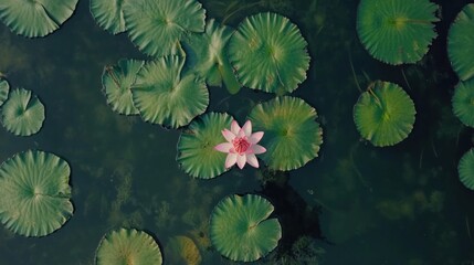 From above of bright blooming pink water lotus flower growing among lush green leaves on calm pond --