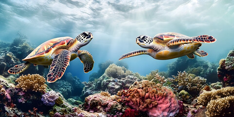 Fototapeta premium Two Sea Turtles Swimming Above a Vibrant Coral Reef Underwater