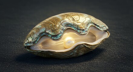 Pearl in Shell with Soft Glow on Dark Surface
