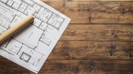 Fototapeta premium A construction blueprint laid out on a wooden table, showing the plan to knock down the bathroom wall for expansion.