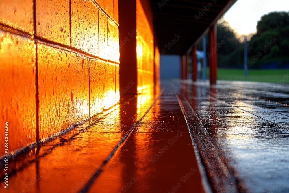 Poster sunset reflections on wet tiles creating a warm glow in a park setting