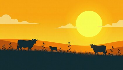 Naklejka premium Farm animal silhouettes in fields with yellow sun and white clouds, farm animals, animals farm, animals