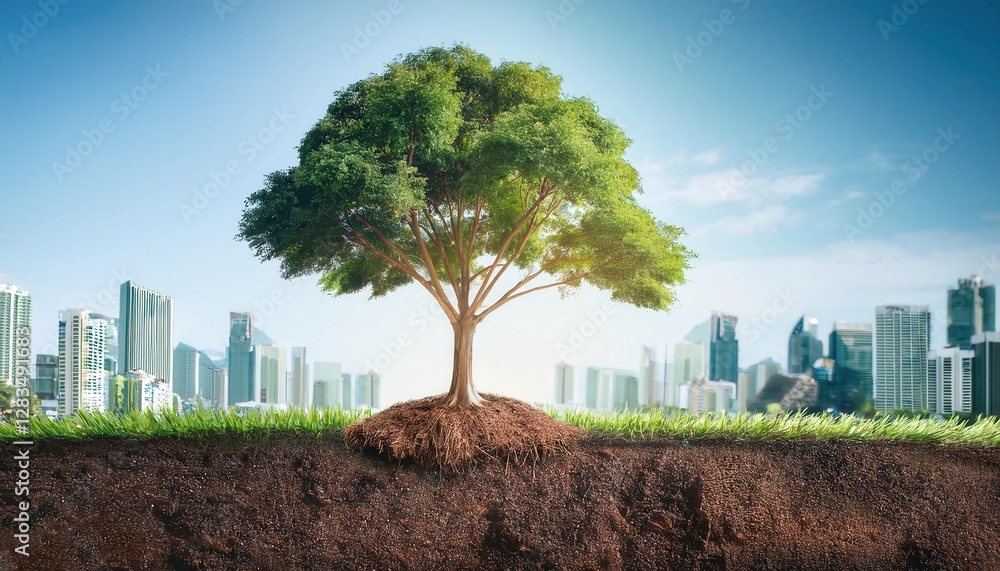 Poster concept art showing a large tree with roots, grass, and a vibrant skyline in the background during d
