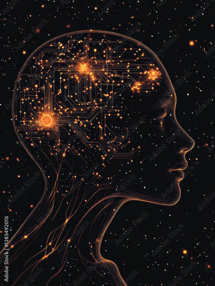 Poster Silhouette of a human head featuring glowing quantum circuits representing advanced computing concepts. Generative AI