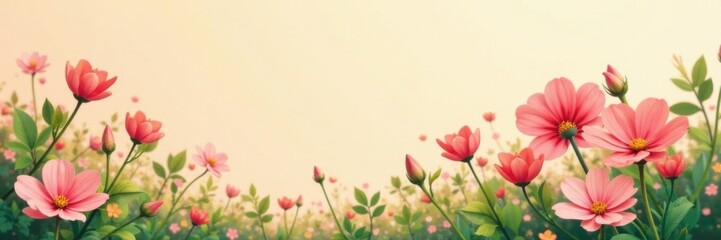 Pastel hued abstract blooms against a warm beige summer sky with lush green foliage, abstract flowers, floral arrangement