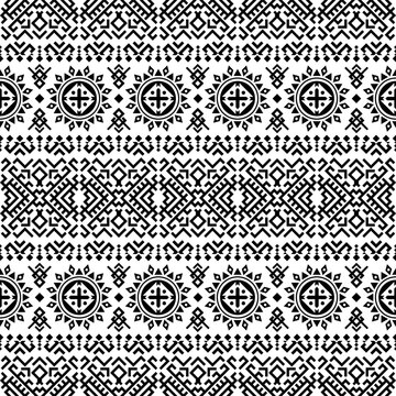 A modern yet traditional black and white seamless geometric pattern with horizontal symmetry. Inspired by Aztec and Inca art, perfect for fashion, branding, and decorative projects.