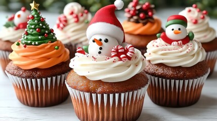 Christmas-themed cupcakes with holiday decorations, including snowmen, Santa hats, Christmas trees, and peppermint candies on creamy frosting.

