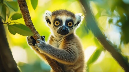 Obraz premium Cute baby lemur clinging to a tree branch with wide, curious eyes