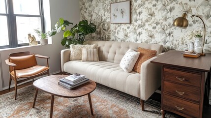 A cozy and stylish living room workspace setup, blending a neutral couch, wooden desk, and elegant wallpaper.