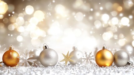 Fototapeta premium A beautiful Christmas decoration background featuring golden balls and Christmas lights is available as stock