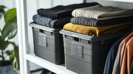 Efficient closet organization with labeled storage containers for seasonal clothing
