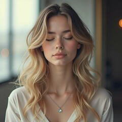 Fototapeta premium Serene Blonde Woman with Closed Eyes in Soft Light – Dreamy Close-Up Portrait with Wavy Hair, Delicate Necklace, and Warm Tones – Tranquil Beauty and Elegant Simplicity