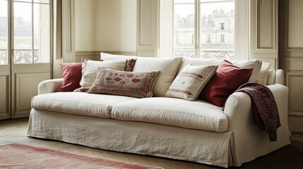 Fototapeta premium A cozy living room featuring a light cream sofa adorned with embroidered pillows and handmade fabric accents.