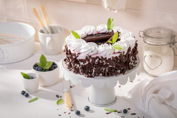 Homemade blueberry cake with chocolate flakes and cream.