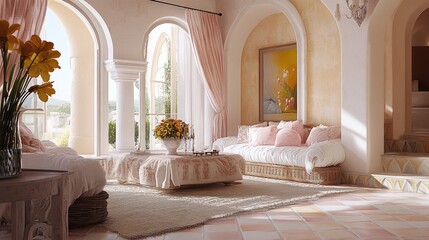 A cozy Mediterranean living room with pastel-colored tiles, rustic wooden furniture, and Sicilian ceramics, exuding warmth and charm.