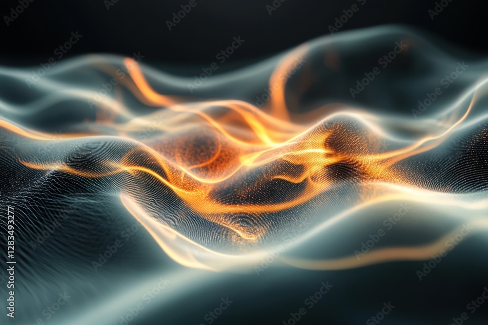 Poster digital waves of light create an abstract composition with orange and gray tones