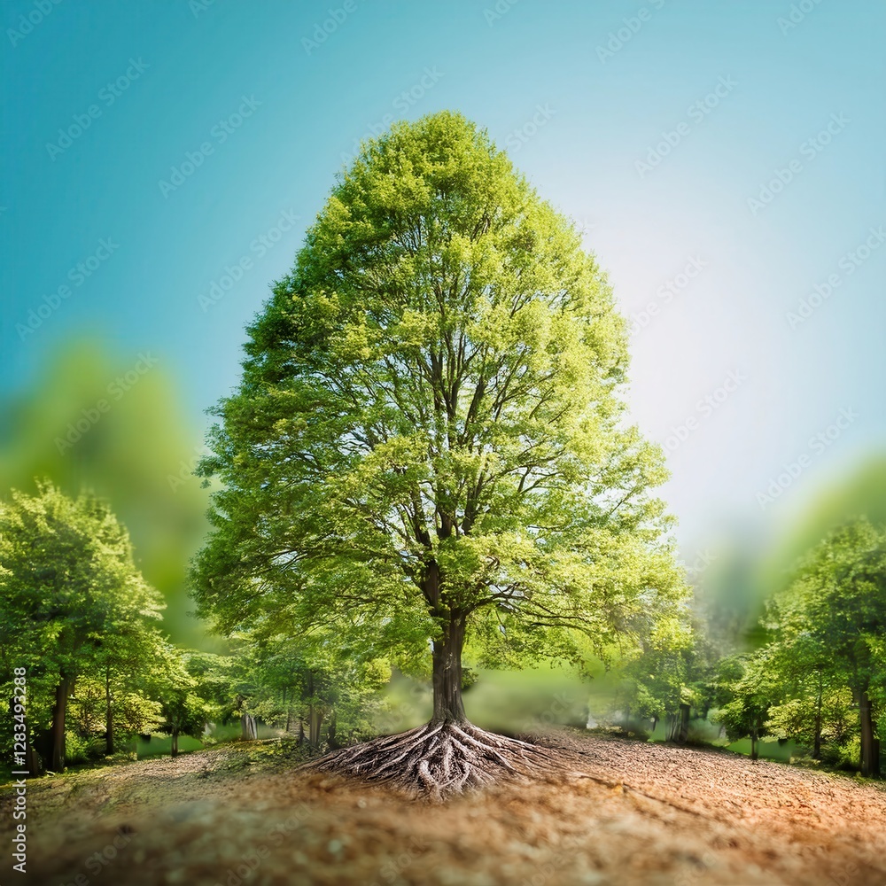 Poster highlighting a large tree in an urban forest with blurred suburban backdrop during daylight