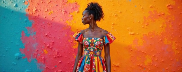 Fashionable woman wearing a unique dress standing in front of a colorful background , design, indie, fashion