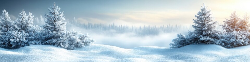 Winter landscape with snow-covered trees and a soft glowing sky, creating a serene and peaceful frozen environment.

