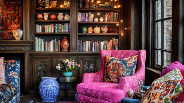 A cozy reading nook with Moorish-style shelving, colorful ceramic vases, and a plush pink armchair under a soft glow of fairy lights.