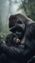 Naklejka premium Strong yet gentle baby gorilla nestled against its mothers chest, its tiny fingers grasping her fur