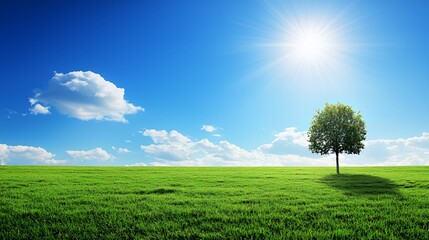 Single Tree in a Verdant Field Under a Bright Sunny Sky