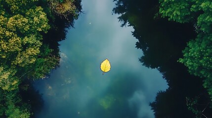 Creative photography of a single leaf floating on a still pond