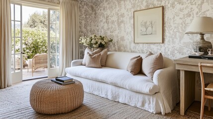 Fototapeta premium A harmonious living space featuring a plush cream sofa, a stylish work desk, and a wallpapered accent wall.
