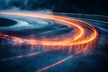 Dynamic tire marks create vibrant patterns on a wet race track during nighttime driving conditions