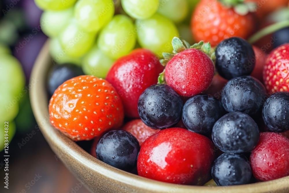 Poster fresh assortment of mixed berries and grapes in a bowl on a wooden table during the summer season. g
