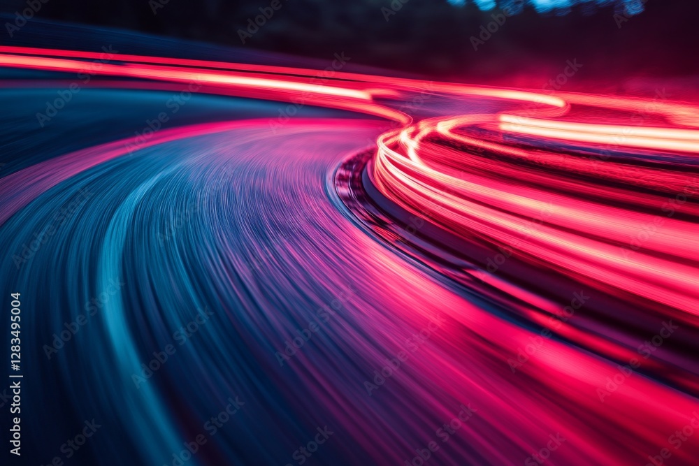 Poster light trails create dynamic patterns on a winding road at twilight
