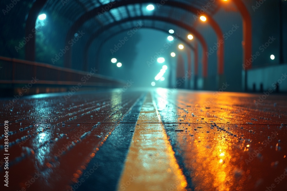 Aufkleber wet pathway illuminated by streetlights on a rainy evening creating a reflective atmosphere in the u