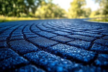 Textured blue pavement with curved pattern in a sunny outdoor park setting surrounded by greenery