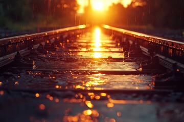 Sunset light reflects on wet railway tracks in the evening after rain, creating a tranquil landscape