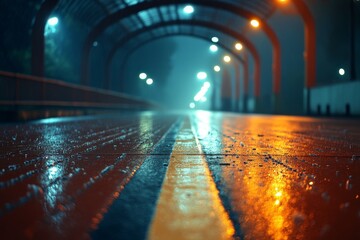 Obraz premium Wet pathway illuminated by streetlights on a rainy evening creating a reflective atmosphere in the urban setting