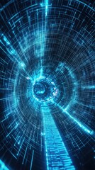 Futuristic abstract 3D portal design with a blue grid pattern. Tech-inspired wireframe tunnel with neon mesh elements and a geometric structure