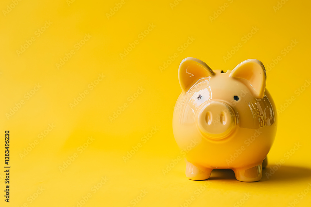 Poster piggy bank is sitting on a yellow background.