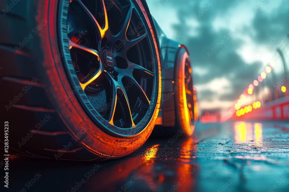 Poster close-up view of racing tire on a wet track during twilight with dramatic lighting and blurred backg