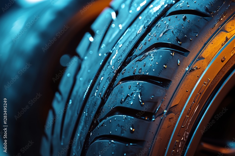 Poster close-up of a wet tire showcasing detailed tread patterns and water droplets in a garage setting at 