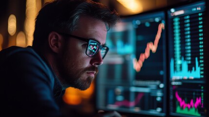 Fototapeta premium Focused analyst reviewing data trends. Digital screens display complex charts and insights. A deep dive into numbers for smart decision making. Generative AI