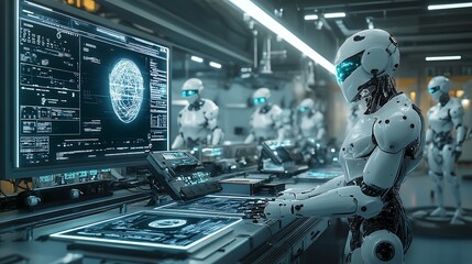 Obraz premium A high-tech AI robotics development center featuring humanoid robots being trained by artificial intelligence. The room is filled with floating holographic interfaces, digital blueprints,