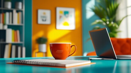 A cozy workspace featuring a vibrant orange coffee mug. The scene is bright and inviting. Perfect for inspiration while working from home or studying. Generative AI