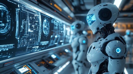 Fototapeta premium A high-tech AI robotics development center featuring humanoid robots being trained by artificial intelligence. The room is filled with floating holographic interfaces, digital blueprints,